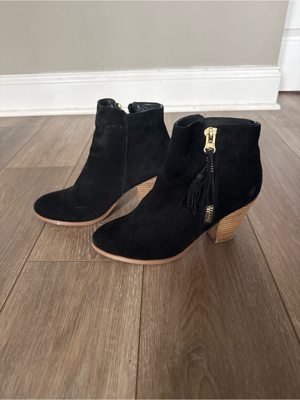 Aldo Black Suede Ankle Boots with Gold Zip and Tassel